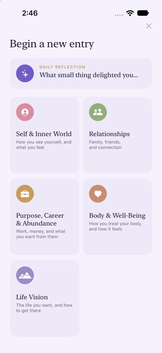 The new entry screen: today's daily reflection above five life area cards.