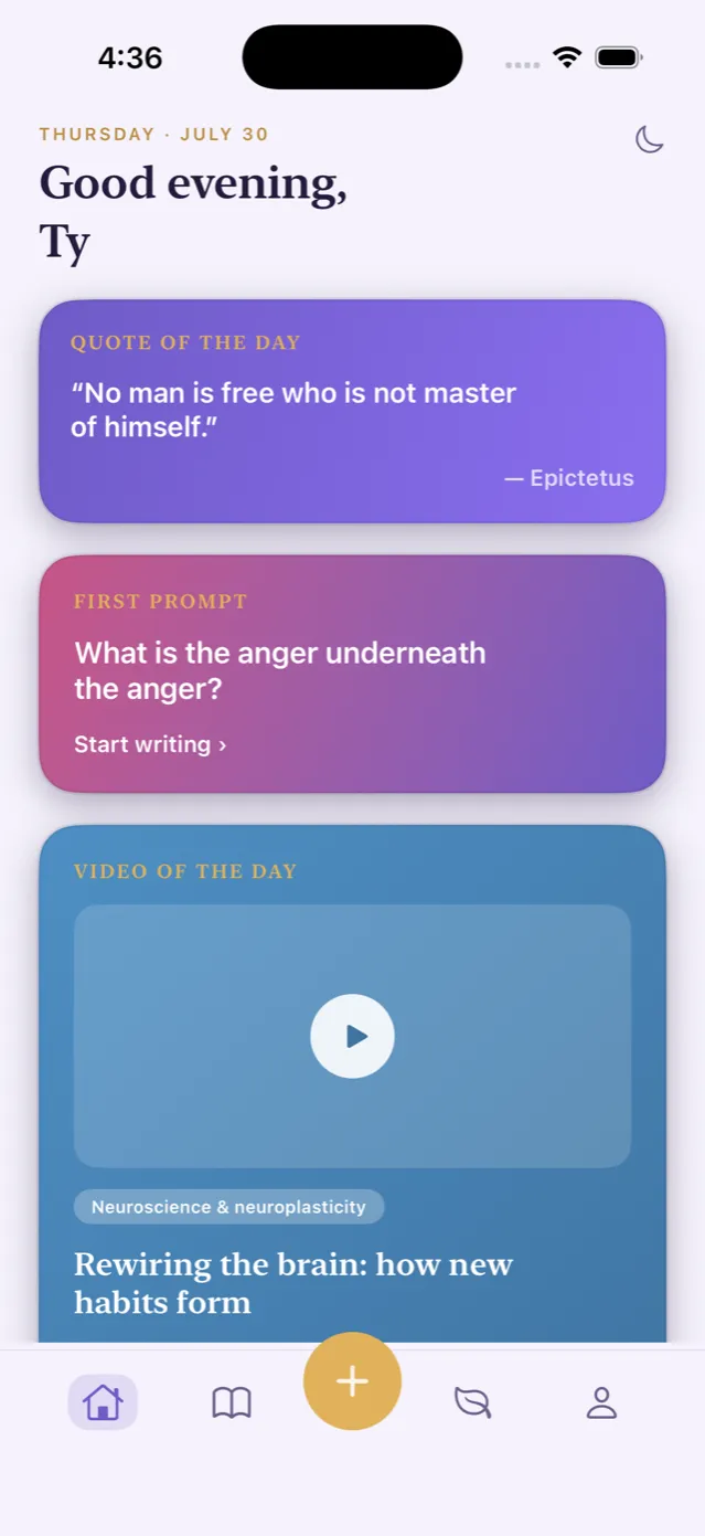 Nouvel's home screen with a quote of the day and today's writing prompt.