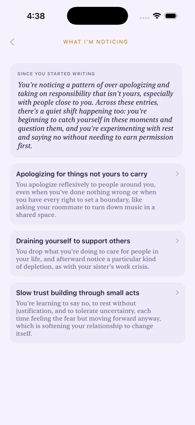 The What I'm Noticing screen listing three named patterns with a short summary above them.