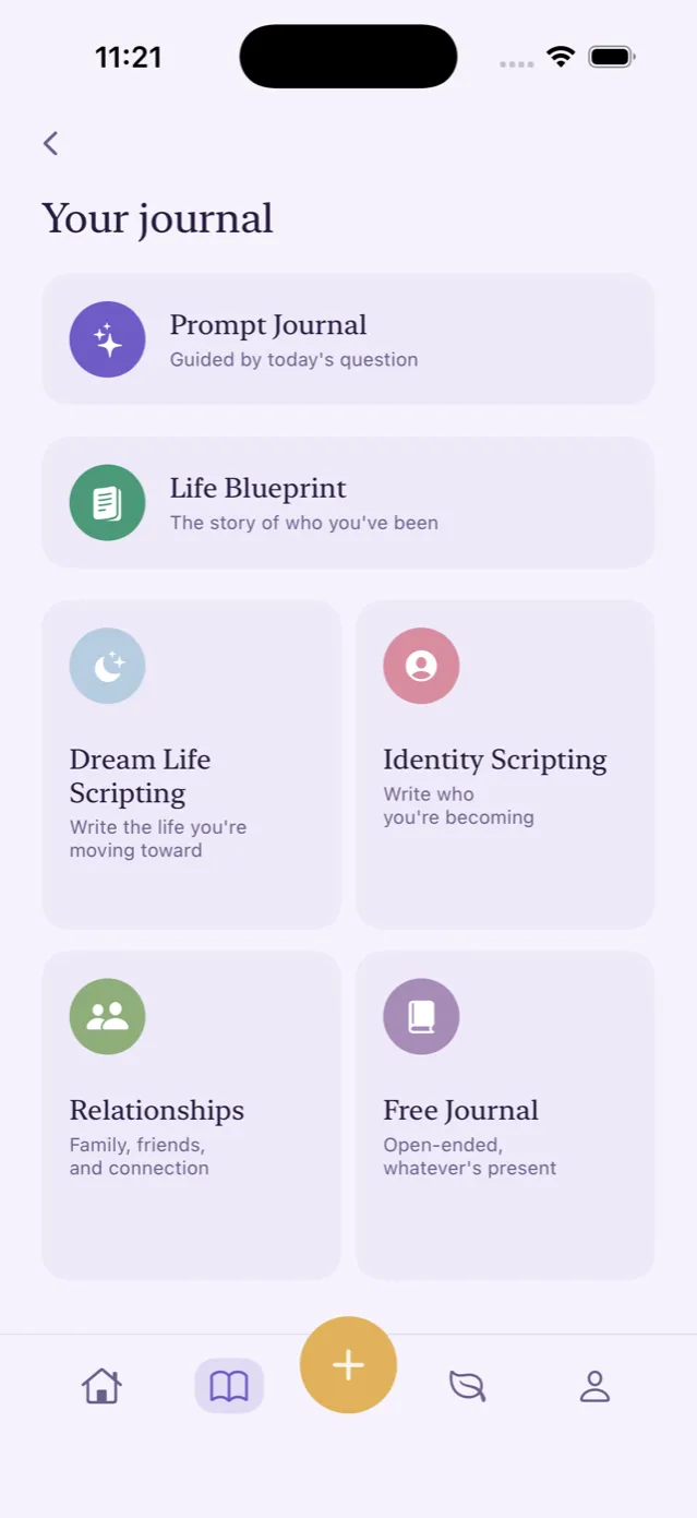 Nouvel's journal screen showing five kinds of journal as coloured cards.