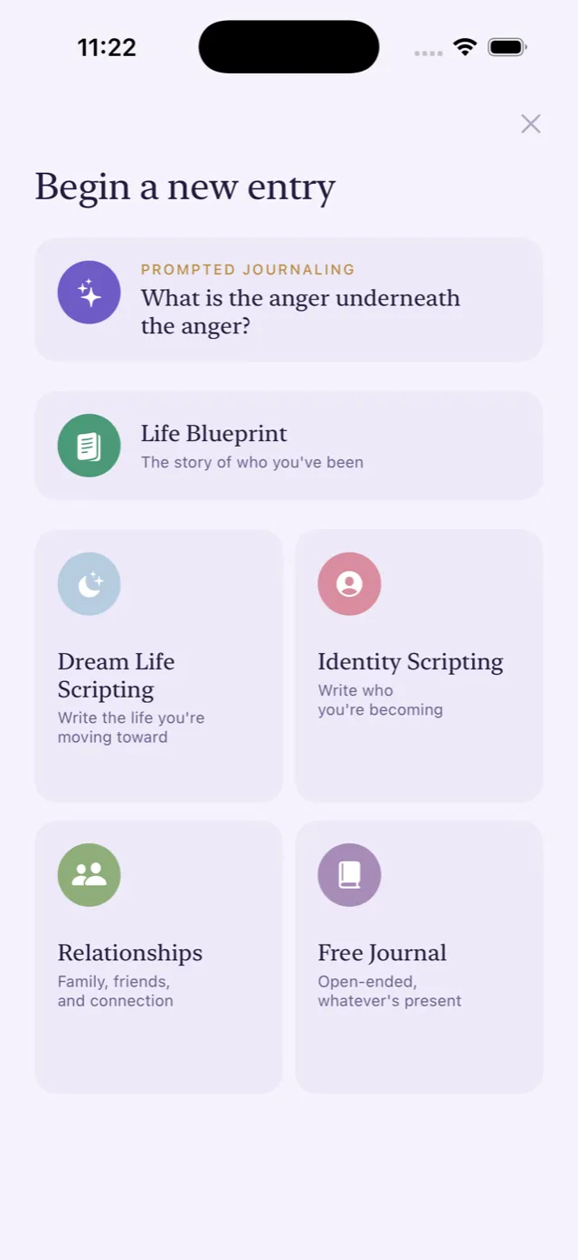 The new entry screen offering five kinds of journal.