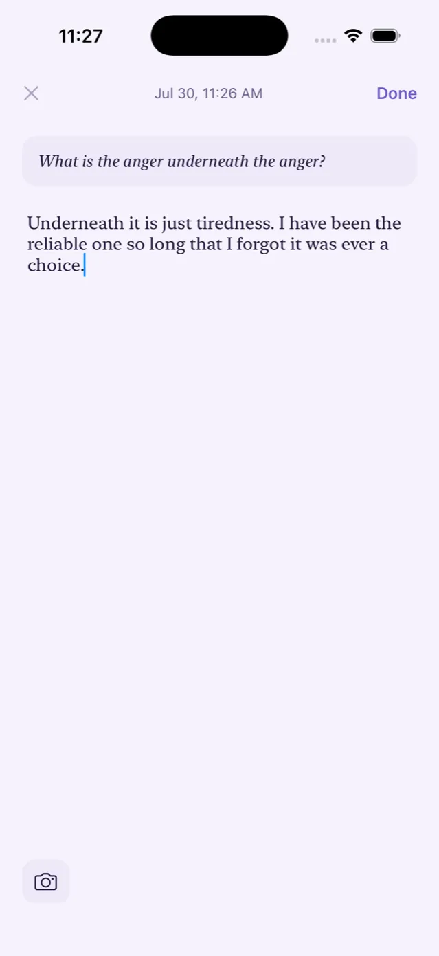 The writing screen with a prompt at the top and a serif entry below it.